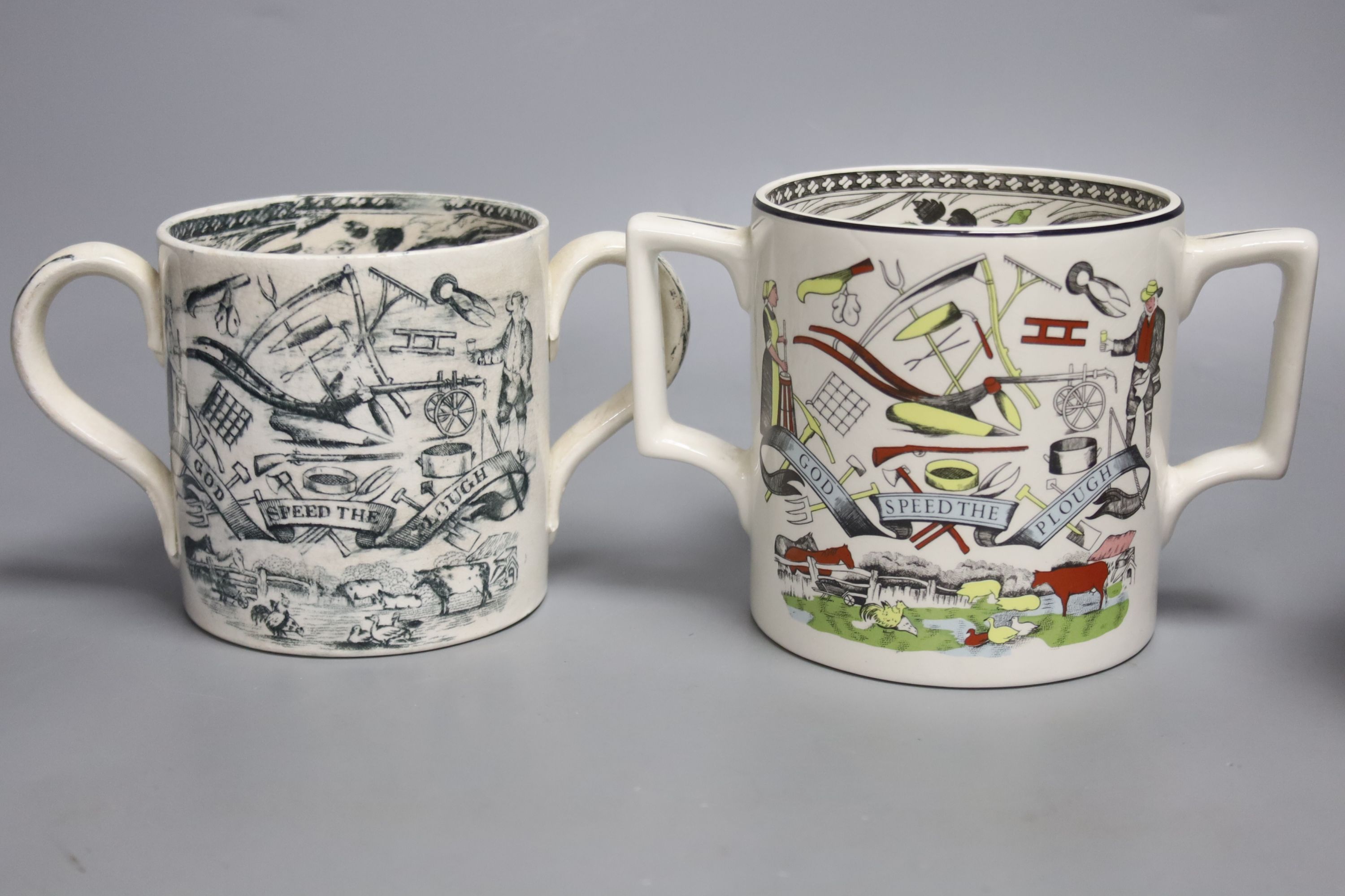 An Eric Ravilious Elizabeth II coronation mug and three 'speed the plough' mugs